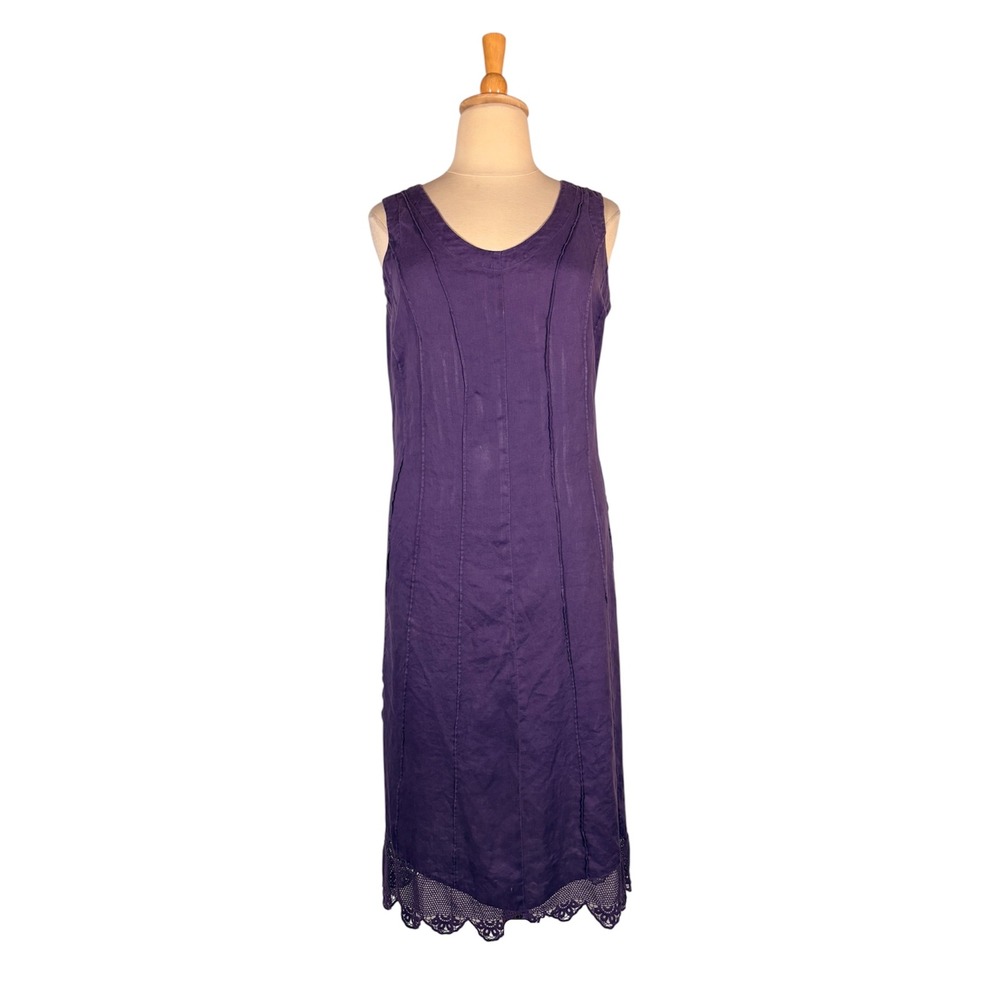Vintage 90s Y2K Purple 100% Linen Dress 14 Romantic Boho Dark Cottagecore